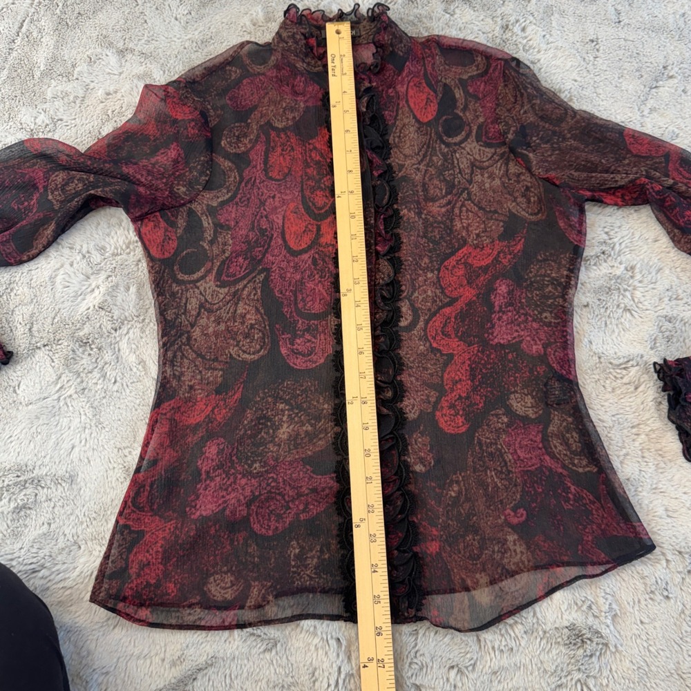 Tahari Women's Sz M Silk Sheer Ruffle Blouse Burgundy Black Victorian Gothic - Picture 11 of 16